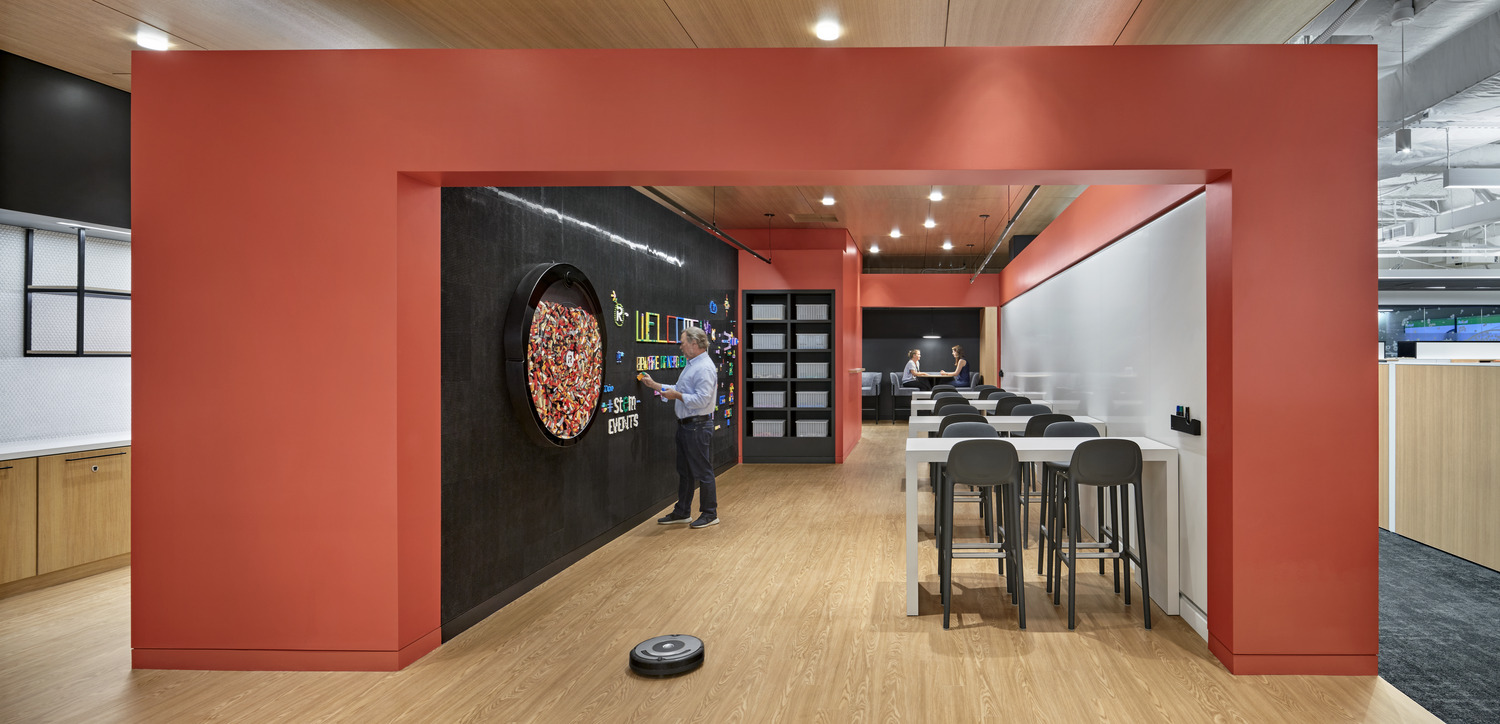iRobot Headquarters, Bedford, MA. Photography © Robert Benson. Break area egd wall at iRobot's Bedford HQ