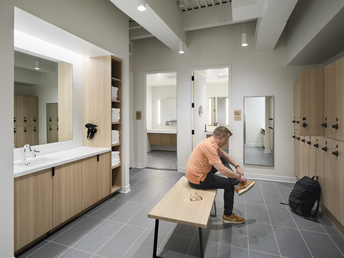 Locker room supporting campus wellness amenities and employee bike facilities