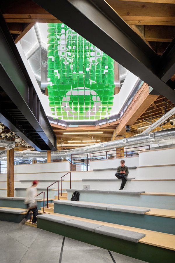 View looking up at the installation from below within the atrium