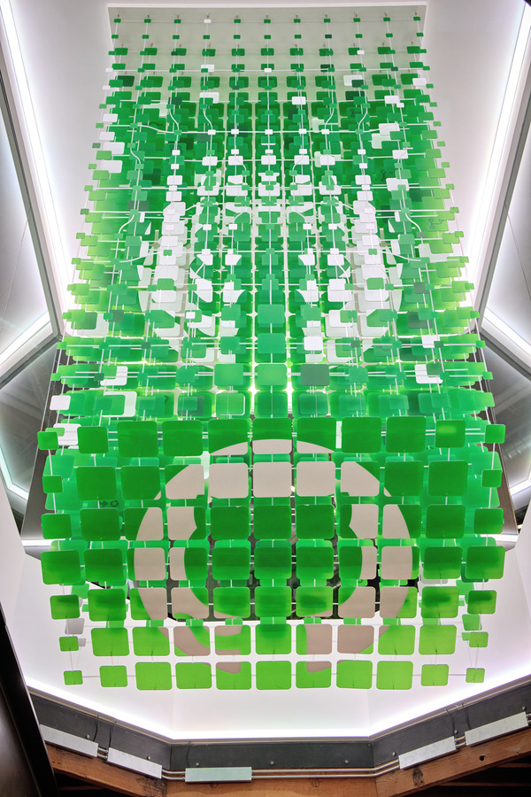 Corner detail of the polycarbonate installation showing the layered figure of Mona