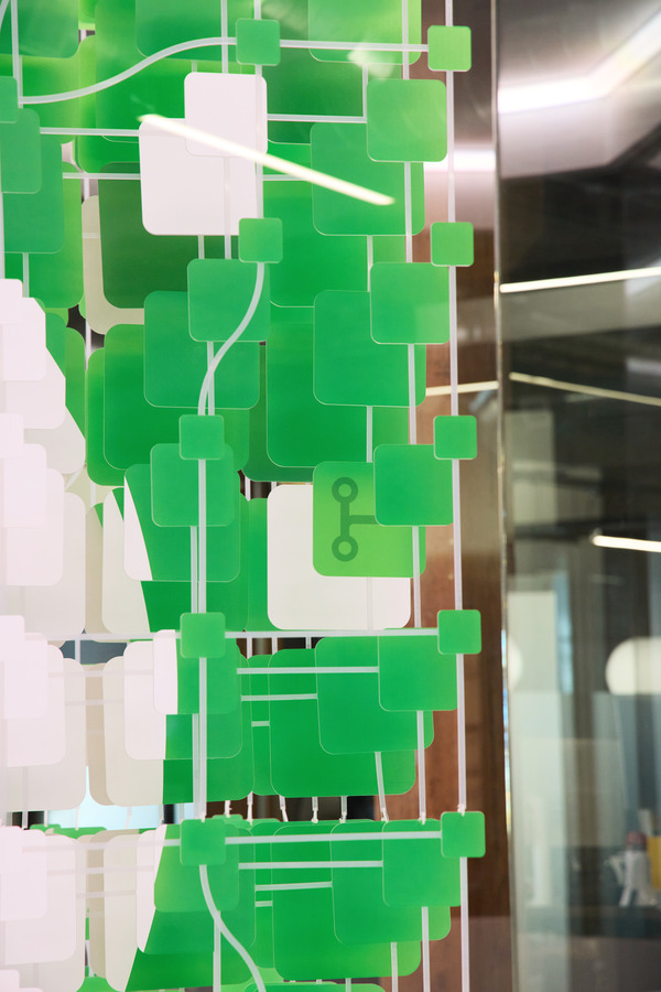 Detail of polycarbonate elements catching light within the installation